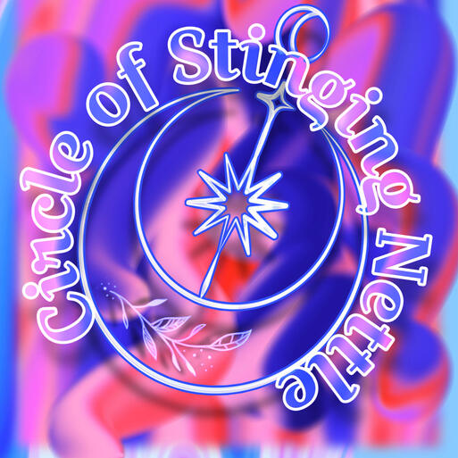 A logo that is on a pink, purple, blue and red background. It reads “Circle of Stinging Nettle” and the words are bent in a circle. Inside the circle is a moon & star symbol, and a spring of leaves.